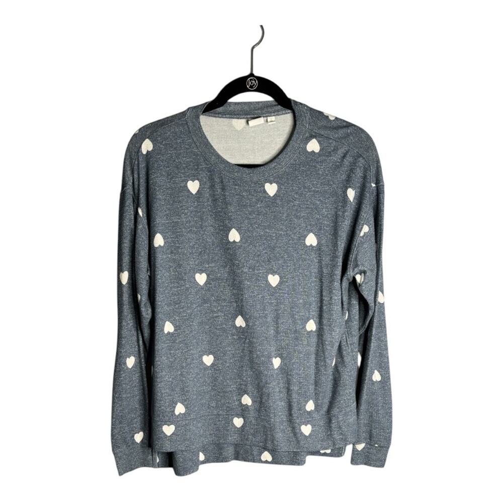 bp Blue Long Sleeve Sweater With Heart Print and Round Neck Small